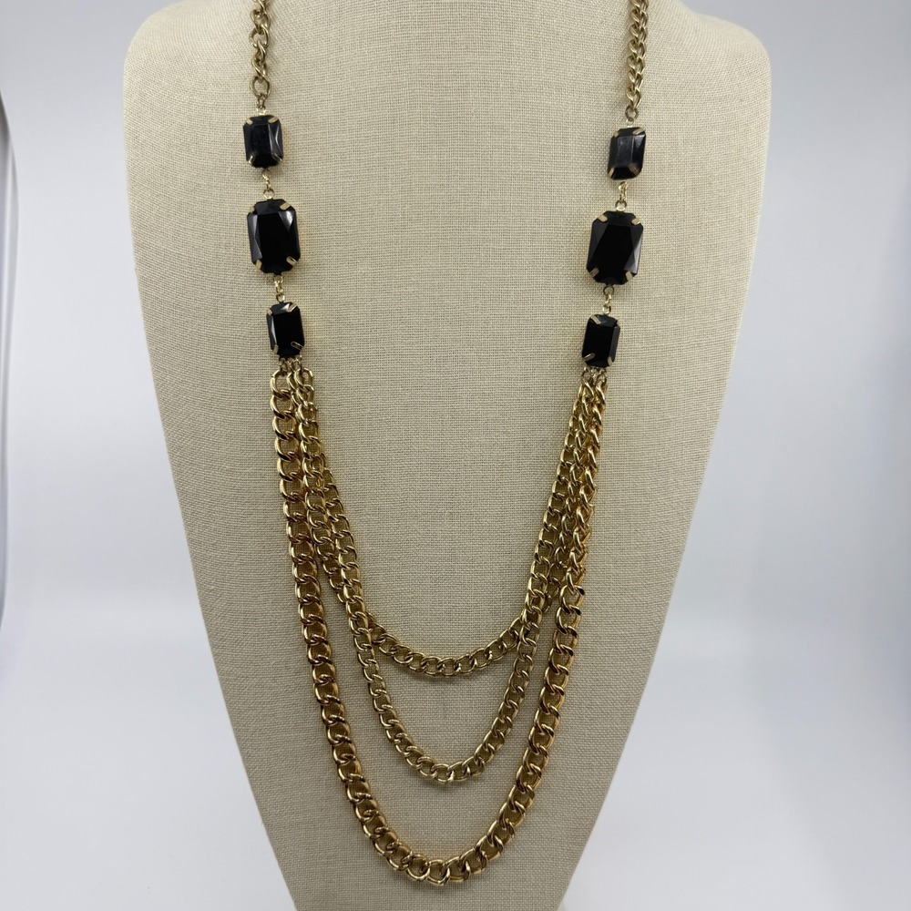 Gold Tone Multi-Strand Necklace with Black Beads - Boho Chic